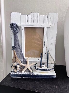 Nautical White Distressed Wooden Photo Frame Blue Boat Starfish Paddles Accent